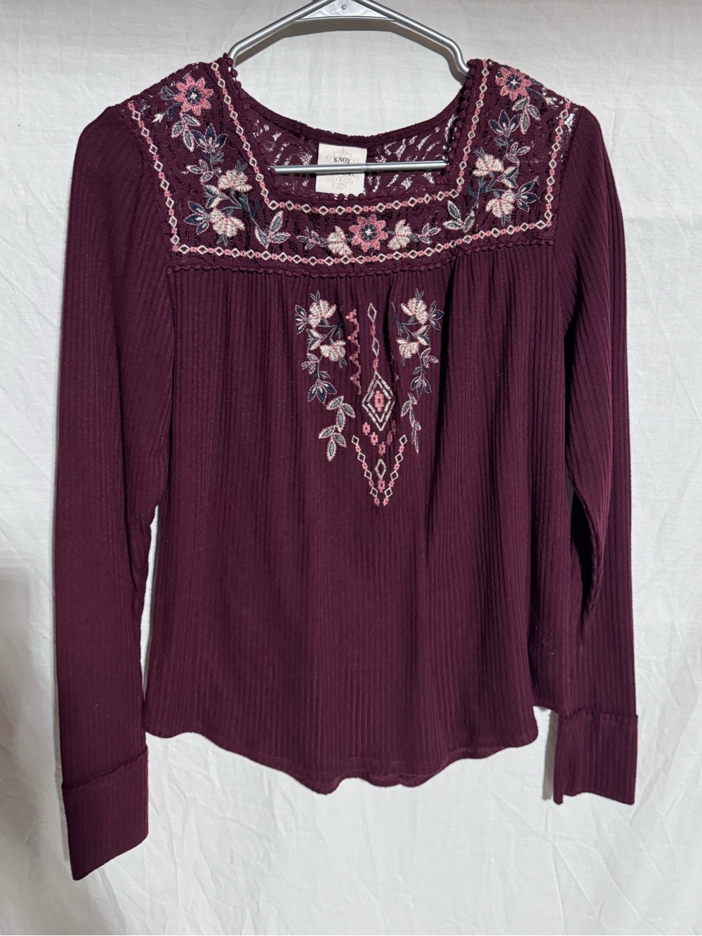 Knox Rose Burgundy Long Sleeve Embroidered Square-Neck Top